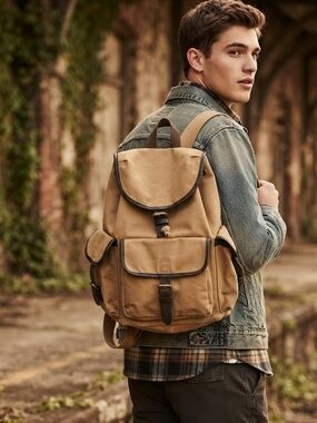 VTG GAP Canvas Military Rucksack Backpack Khaki Brown Leather Trim Utility